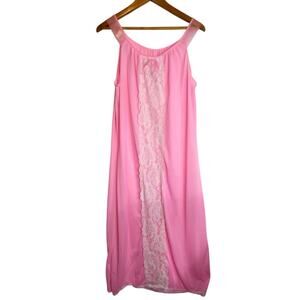 Vintage Durelle Lingerie Pink Nylon Sleeveless Night Dress with Lace USA Medium